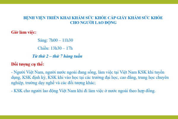 TRIỂN KHAI KHÁM SỨC KHỎE CẤP GIẤY KHÁM SỨC KHỎE CHO NGƯỜI LAO ĐỘNG TỪ THỨ 2 – THỨ 7 HÀNG TUẦN